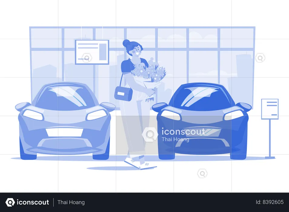 Femme avec des fleurs dans la salle d'exposition automobile  Illustration