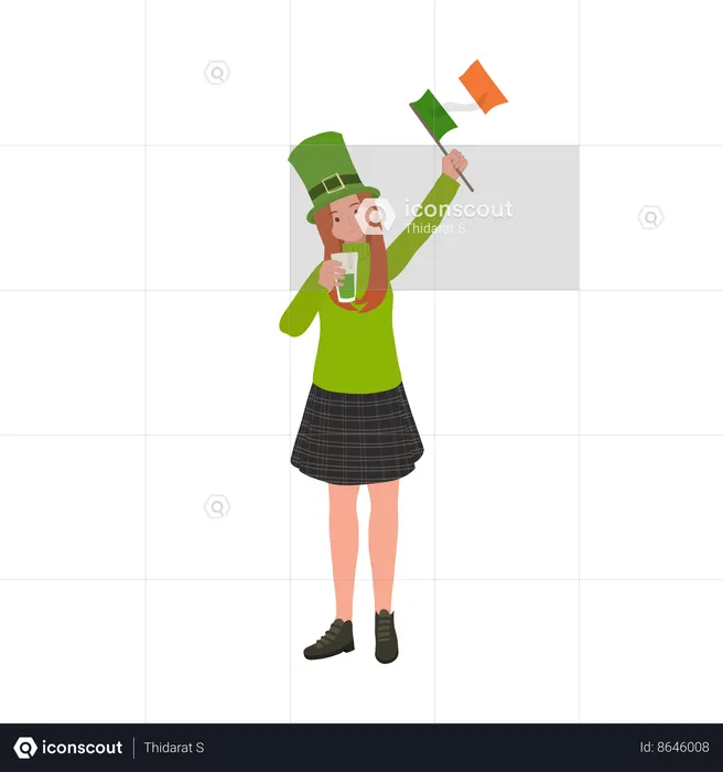 Femme avec drapeau irlandais et tenant un verre de bière  Illustration