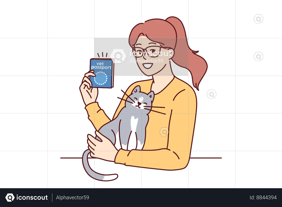 Une femme avec un passeport vétérinaire caresse un chat démontrant un document vétérinaire qui permet de voyager avec un animal de compagnie  Illustration