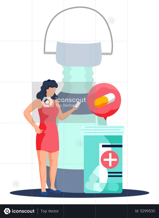 Femme avec smartphone à la recherche d'un traitement adapté  Illustration