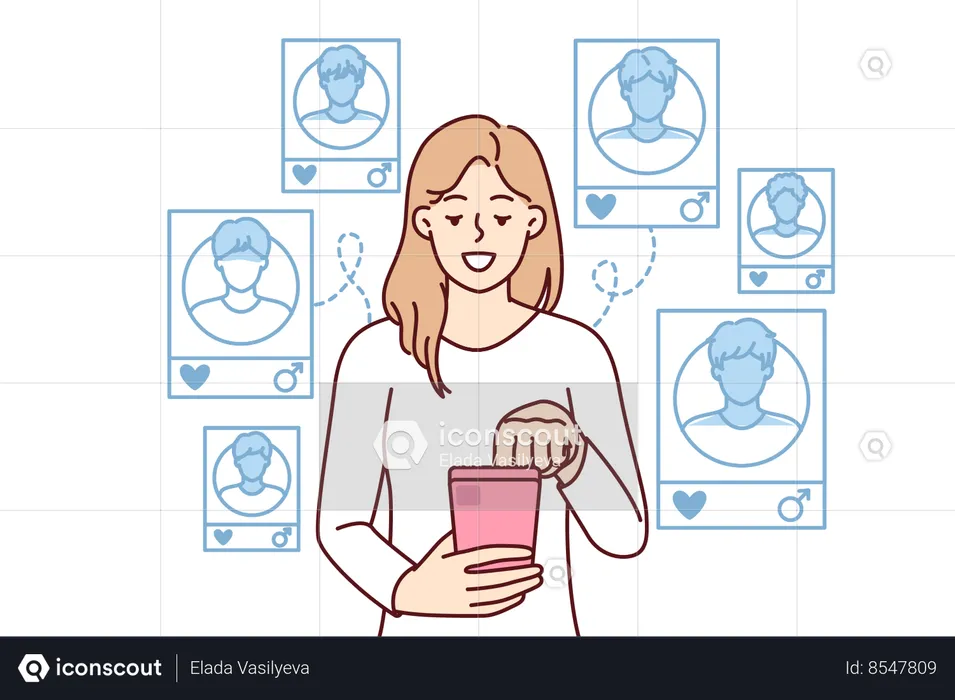 Femme avec application d'utilisation du téléphone pour des rencontres en ligne et trouver un nouveau petit ami pour une relation sérieuse  Illustration
