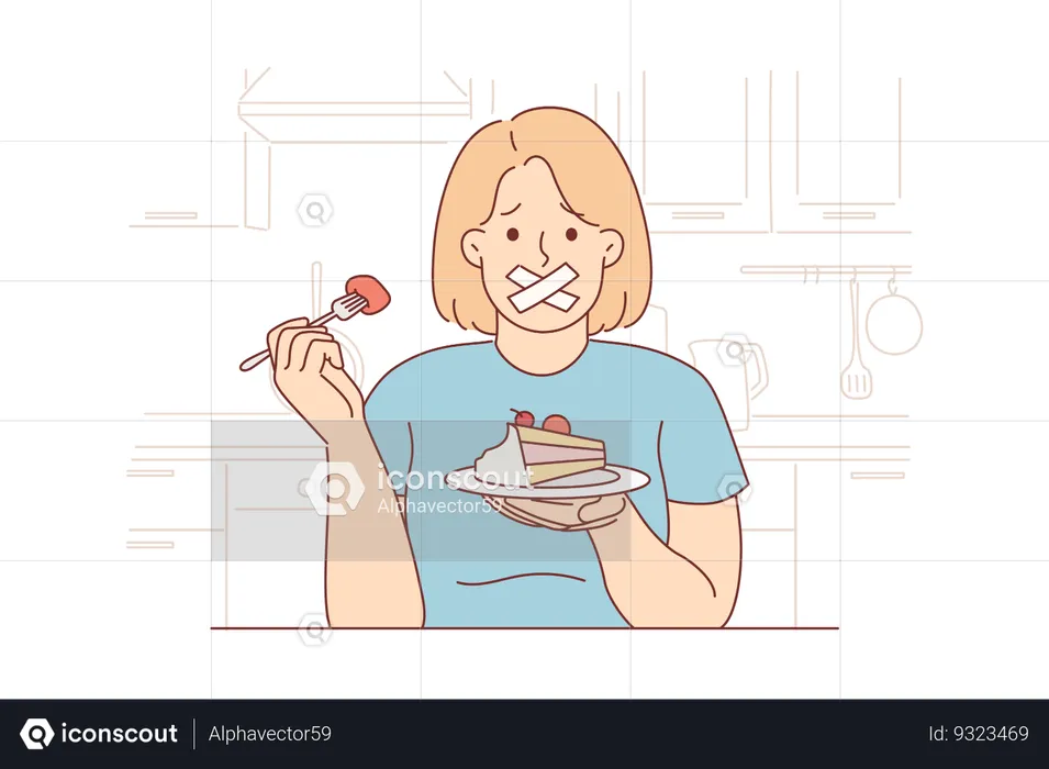 Femme avec un dessert dans les mains et souffrant de l'interdiction de manger des aliments sucrés  Illustration