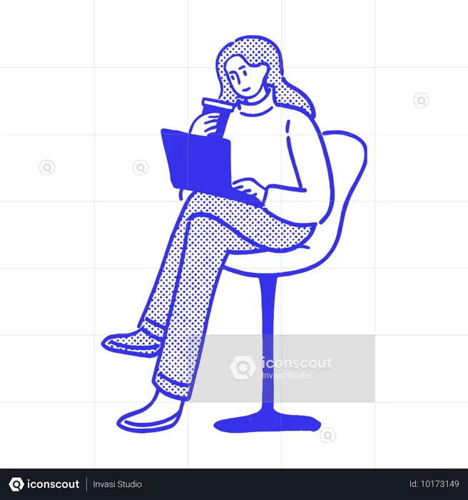 Femme avec ordinateur portable au café  Illustration