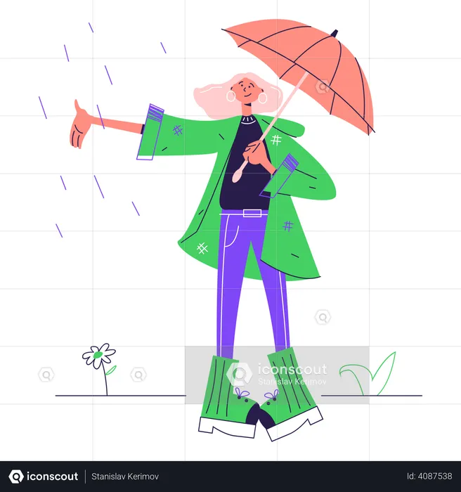 Une femme avec un parapluie profite de la pluie  Illustration