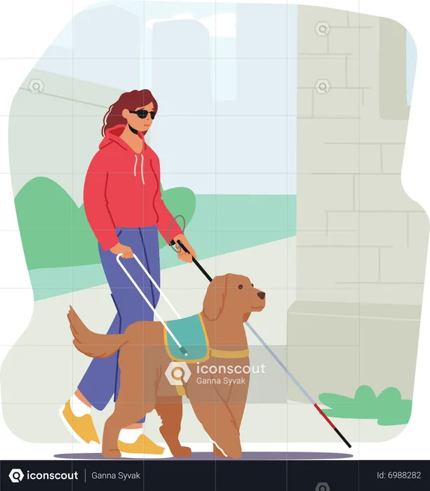 Femme aveugle avec chien-guide marchant en toute confiance dans la rue  Illustration
