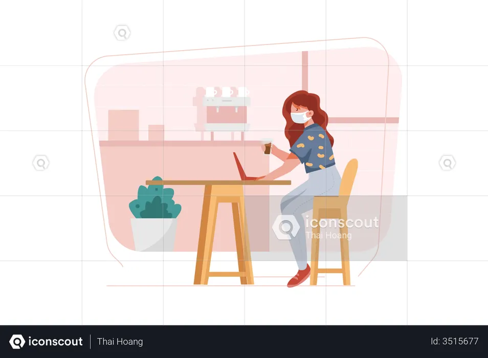 Femme buvant du café au café  Illustration