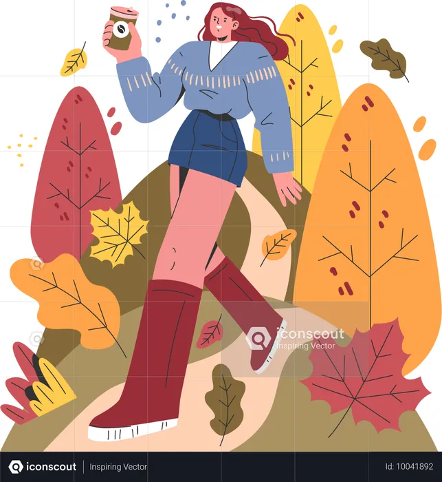 Femme buvant du café en automne  Illustration