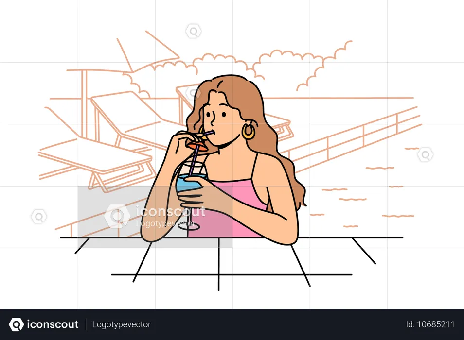 Femme buvant un cocktail dans la piscine  Illustration