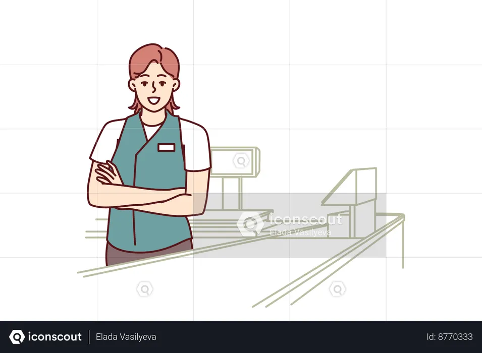 Une caissière de supermarché est debout dans la zone de paiement du magasin  Illustration