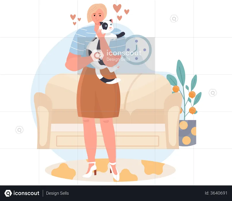 Femme câlinant un chat  Illustration
