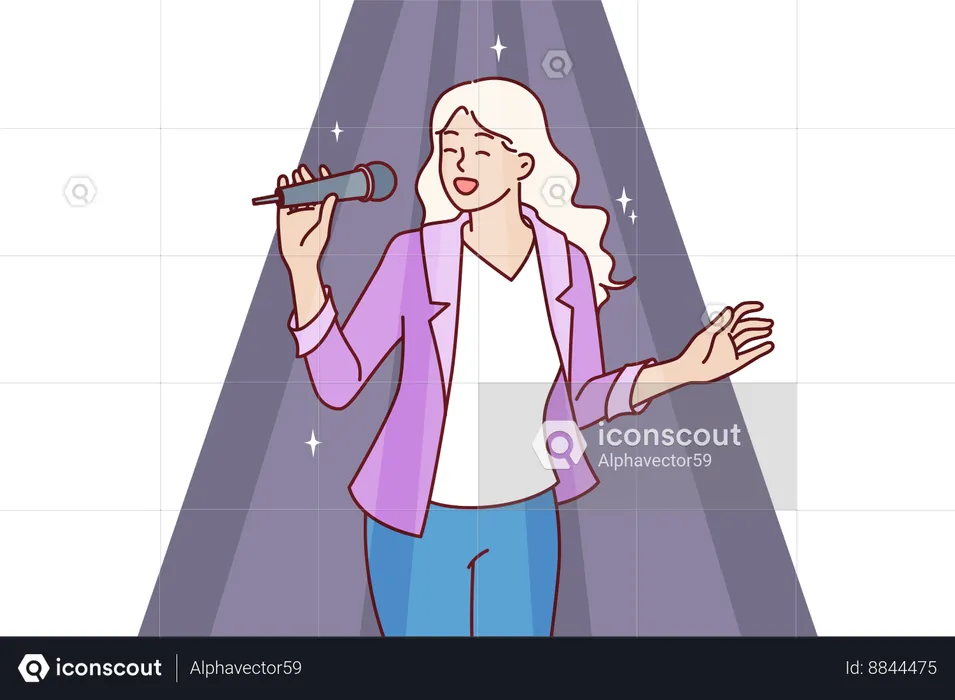 Une femme chante au karaoké en tenant un microphone et en profitant d'un passe-temps créatif pendant une fête en discothèque  Illustration