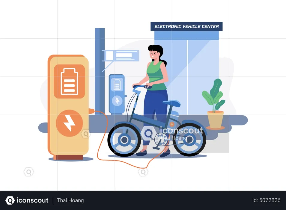 Une femme charge son vélo électrique au centre pour véhicules électroniques  Illustration