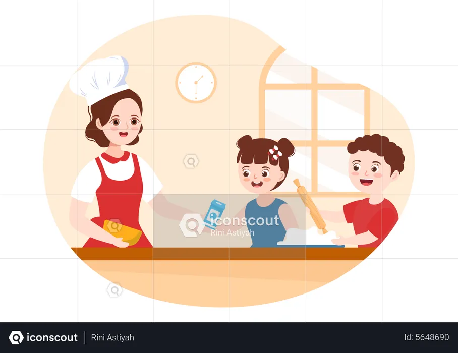 Femme chef cuisinant avec des enfants  Illustration