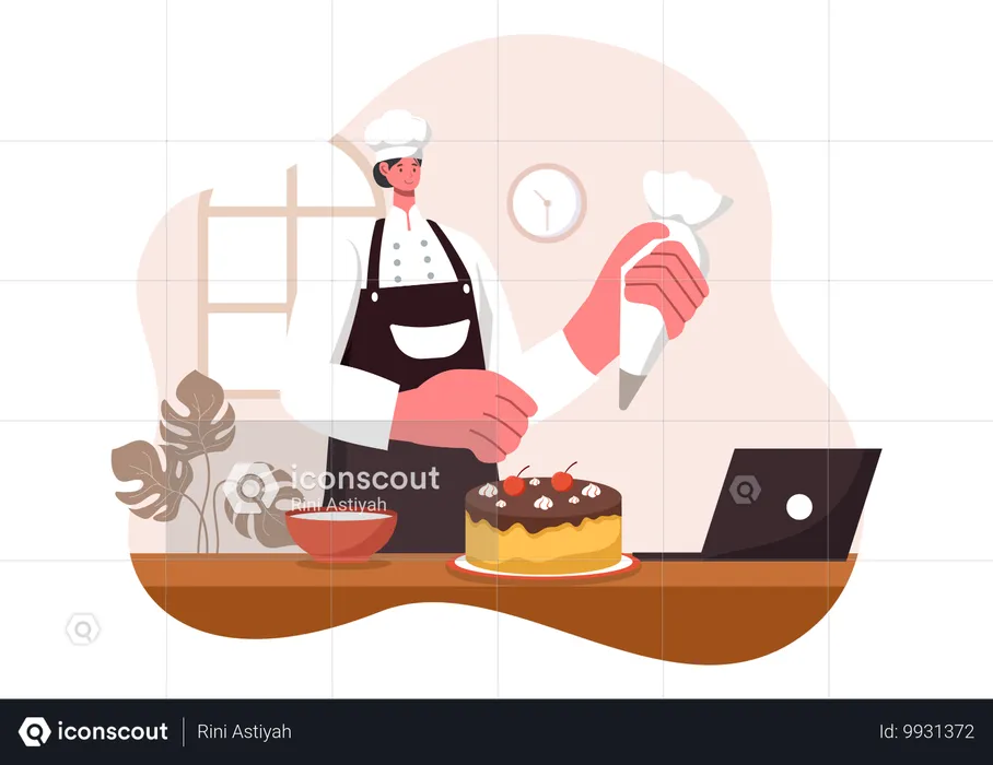 Femme chef faisant un gâteau  Illustration