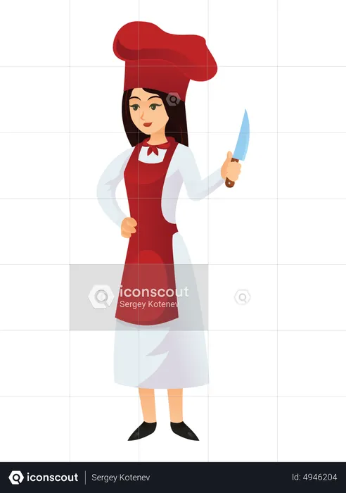 Femme chef tenant un couteau à la main  Illustration