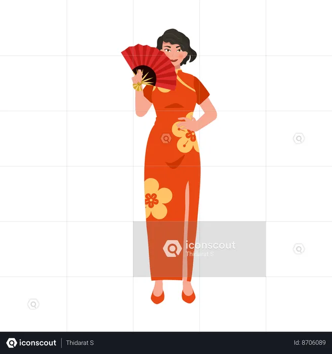 Femme chinoise pose avec un éventail traditionnel  Illustration