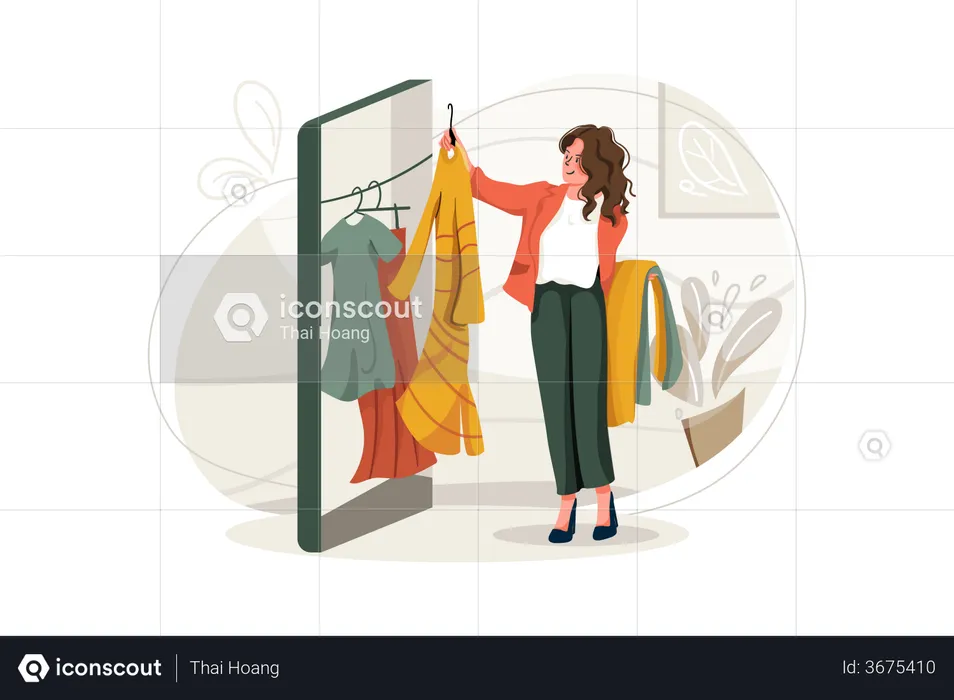 Femme choisissant des vêtements dans une boutique en ligne  Illustration