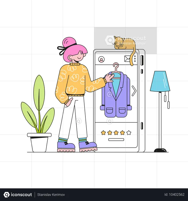 Une femme choisit ses vêtements sur une application mobile  Illustration