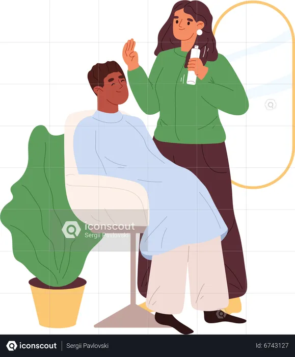 Coiffeur femme faisant une coupe de cheveux au client dans un salon de coiffure  Illustration