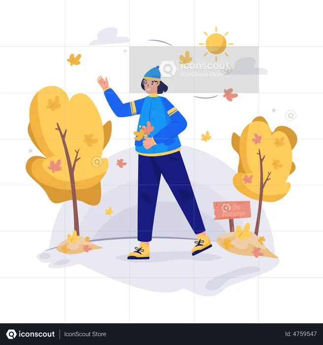 Une femme ramasse des feuilles qui tombent en automne  Illustration