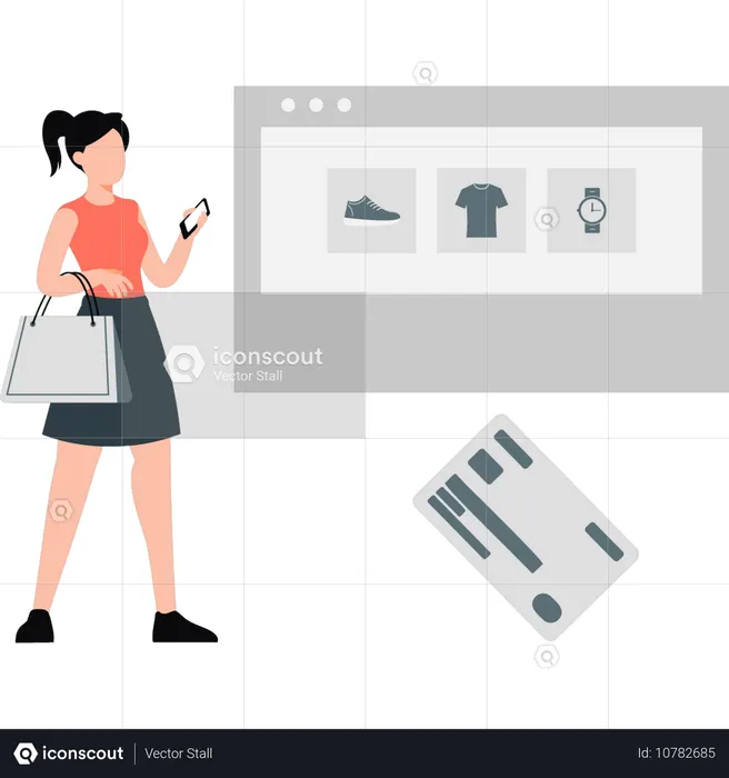 Femme commandant des articles dans un panier sur un site Web d'achat en ligne  Illustration