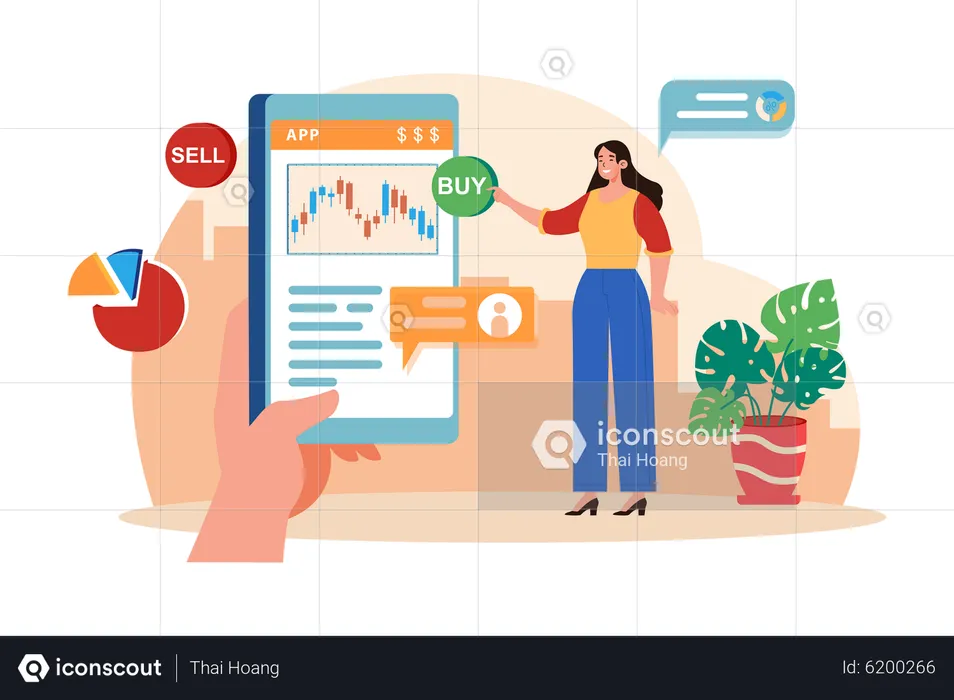 Femme comparant acheter et vendre en bourse  Illustration