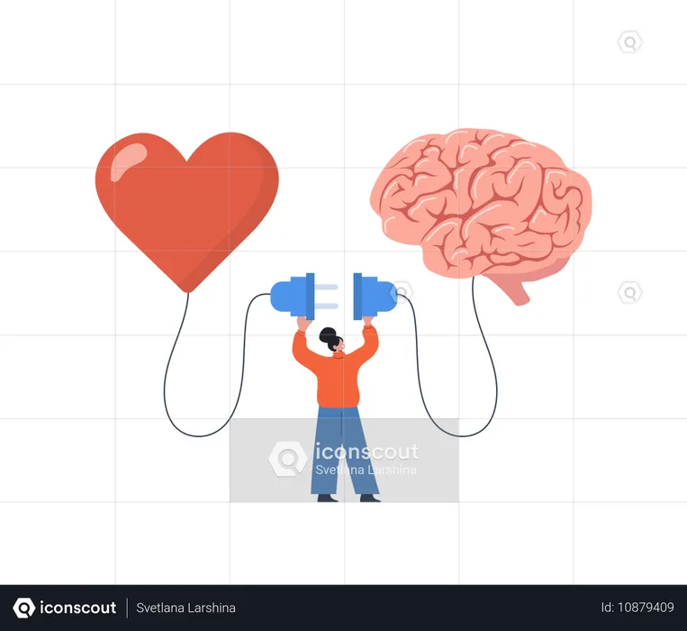 Une femme associe le sentiment du cœur à la pensée logique du cerveau  Illustration