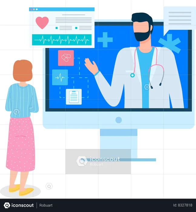 Une femme consulte un cardiologue en ligne  Illustration