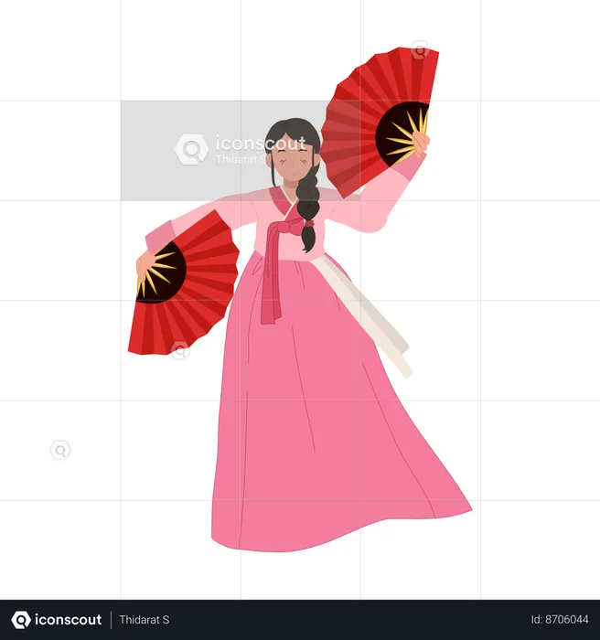 Femme coréenne en hanbok exécutant la danse traditionnelle du fan  Illustration