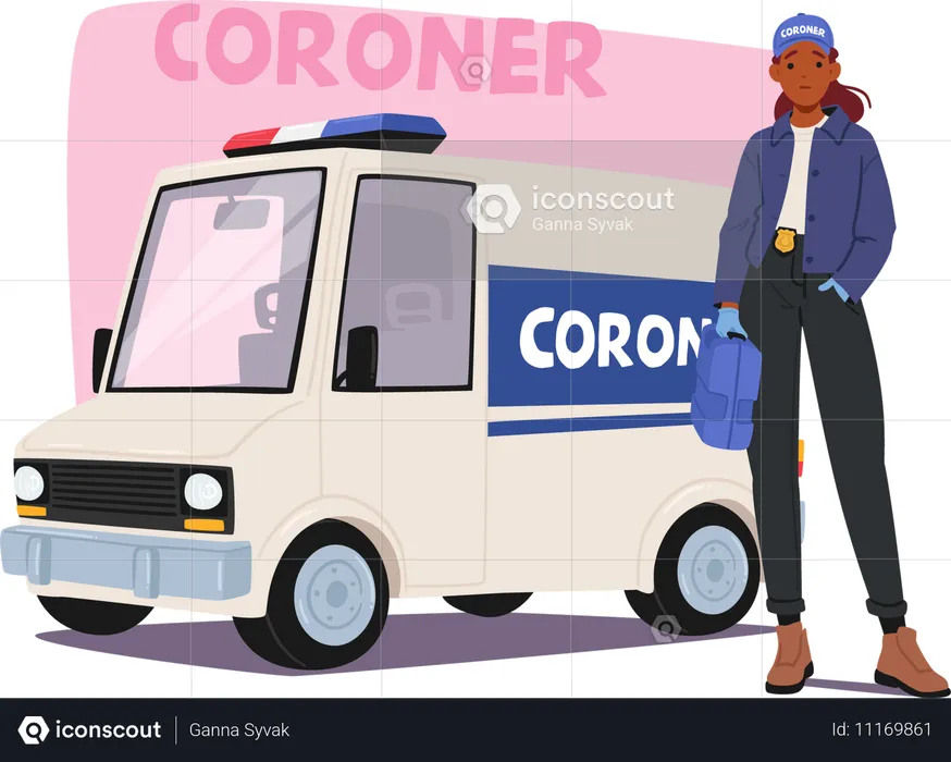 Une femme médecin légiste en uniforme debout à côté de la camionnette du coroner tout en portant un sac médical  Illustration