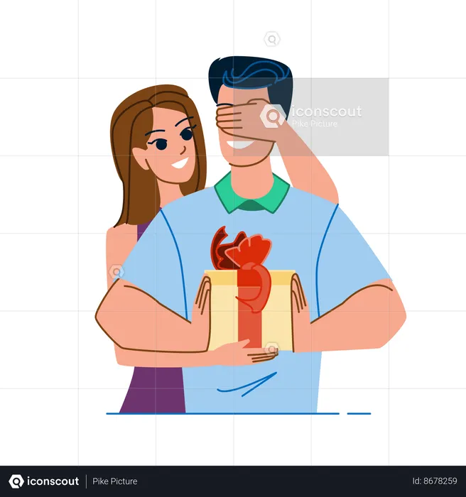 Femme couvrant les yeux de l'homme et donnant un cadeau surprise  Illustration