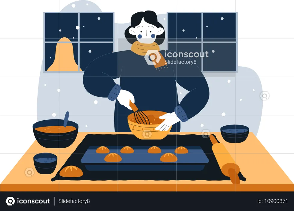 Une femme cuisine des biscuits en hiver  Illustration