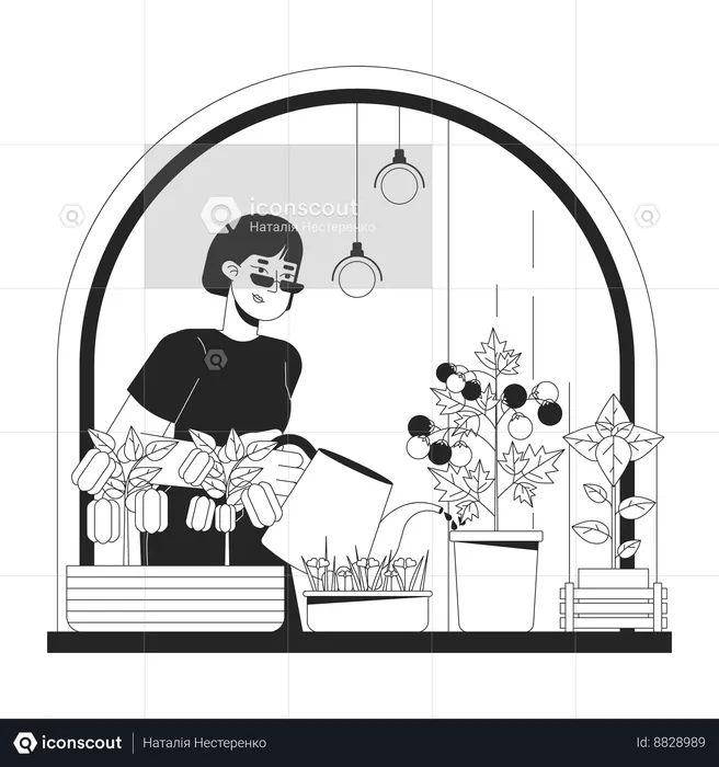 Femme cultivant des légumes d'intérieur sur le rebord de la fenêtre  Illustration