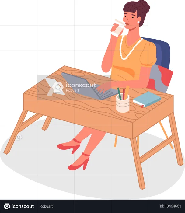 Femme d'affaires au bureau avec un ordinateur portable et une tasse de café  Illustration