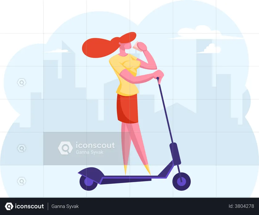 Femme d'affaires allant au bureau sur un scooter électrique  Illustration