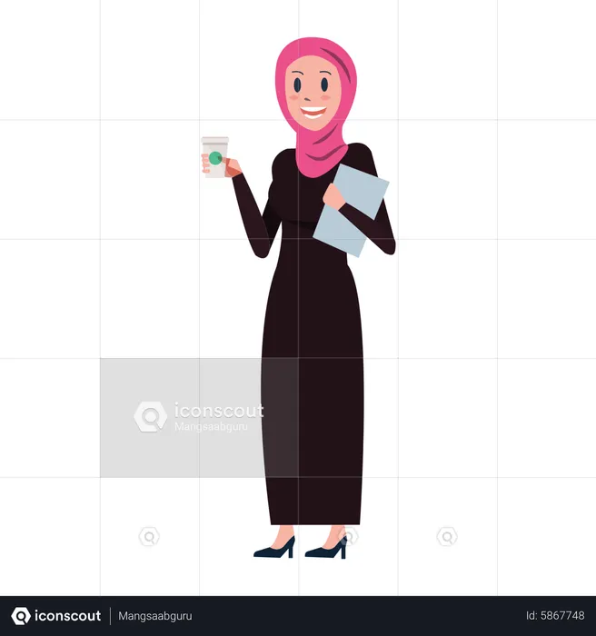 Femme d'affaires arabe avec café et document  Illustration