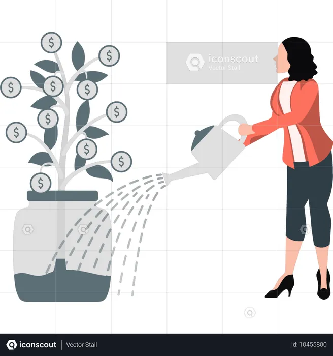 Femme d'affaires arrosant un arbre à dollars  Illustration