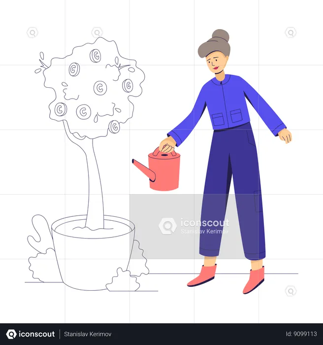 Femme d'affaires arrosant un arbre avec des pièces de monnaie  Illustration