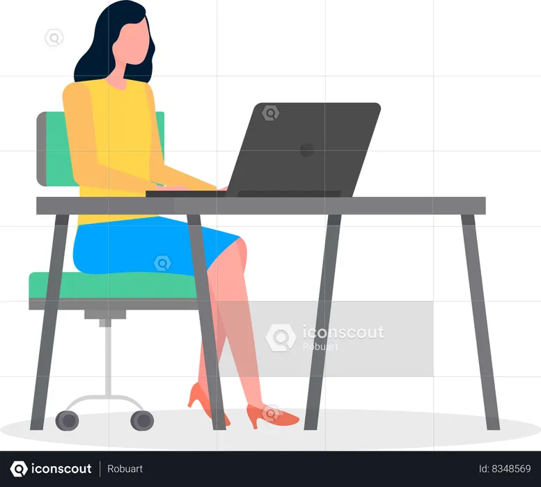 Femme d'affaires assise au bureau travaillant avec un ordinateur portable  Illustration