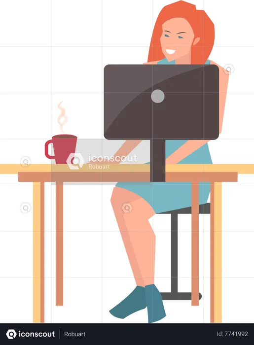 Femme d'affaires assise sur le lieu de travail et travaillant avec un ordinateur  Illustration