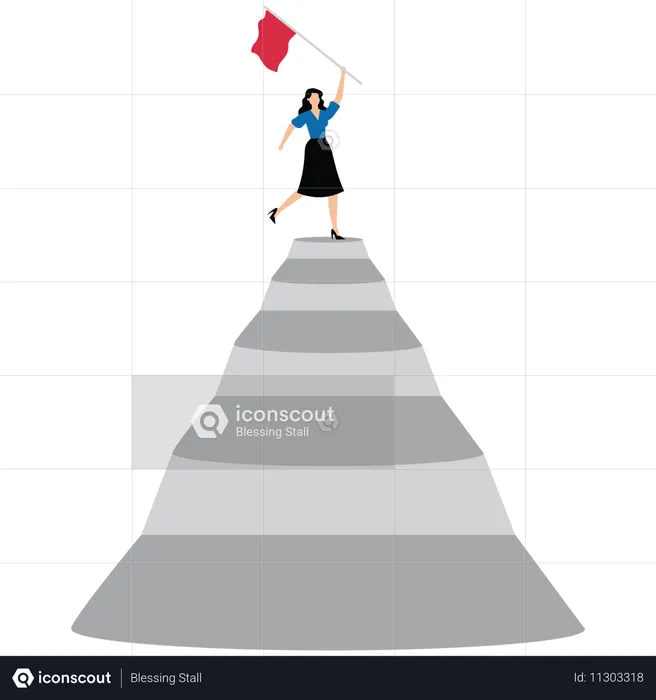 Une femme d'affaires au sommet de son escalier de carrière tenant un drapeau gagnant à la recherche d'un futur visionnaire  Illustration