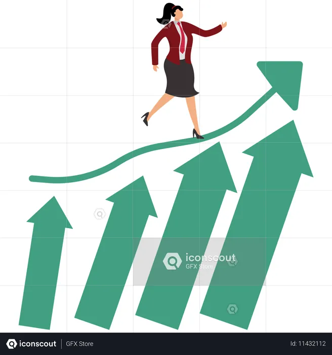 Une femme d'affaires fait un bond en avant et saute sur un graphique de croissance en hausse  Illustration