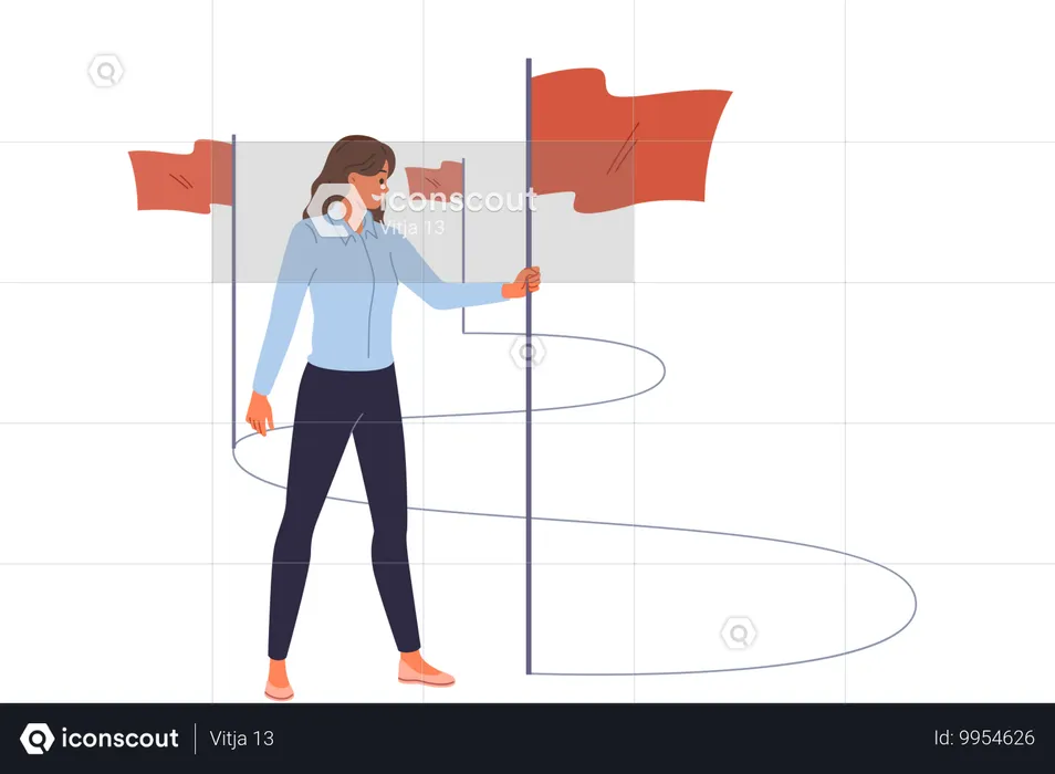 Une femme d'affaires marche sur le chemin du succès et insère les drapeaux du gagnant sur la voie de la réalisation des objectifs professionnels  Illustration