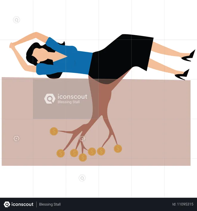 Femme d'affaires allongée sur le sol, enracinant et faisant germer un arbre à argent  Illustration