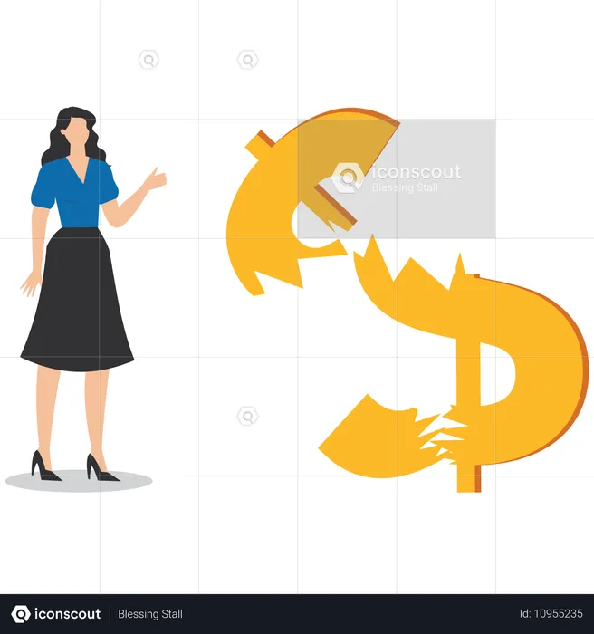 Femme d'affaires debout autour d'un dollar cassé  Illustration