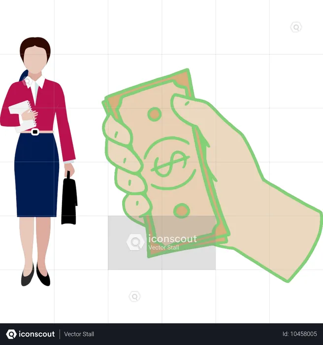 Femme d'affaires debout près de l'argent en dollars  Illustration