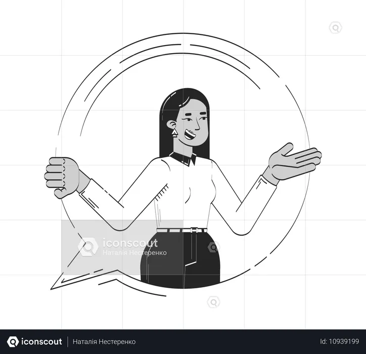 Femme d'affaires souriante du Moyen-Orient faisant des gestes dans une bulle de dialogue  Illustration