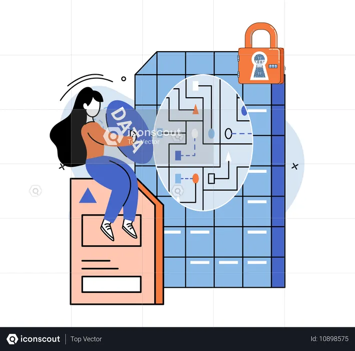 Femme d'affaires effectuant une analyse de données sécurisées  Illustration