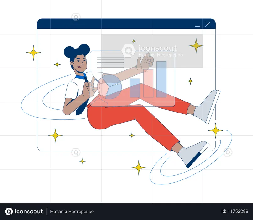 Femme d'affaires effectuant une analyse interactive de données dans un espace de travail virtuel  Illustration