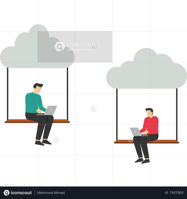 Femme d'affaires et employé de bureau travaillant avec un ordinateur portable sur une balançoire suspendue dans un nuage  Illustration